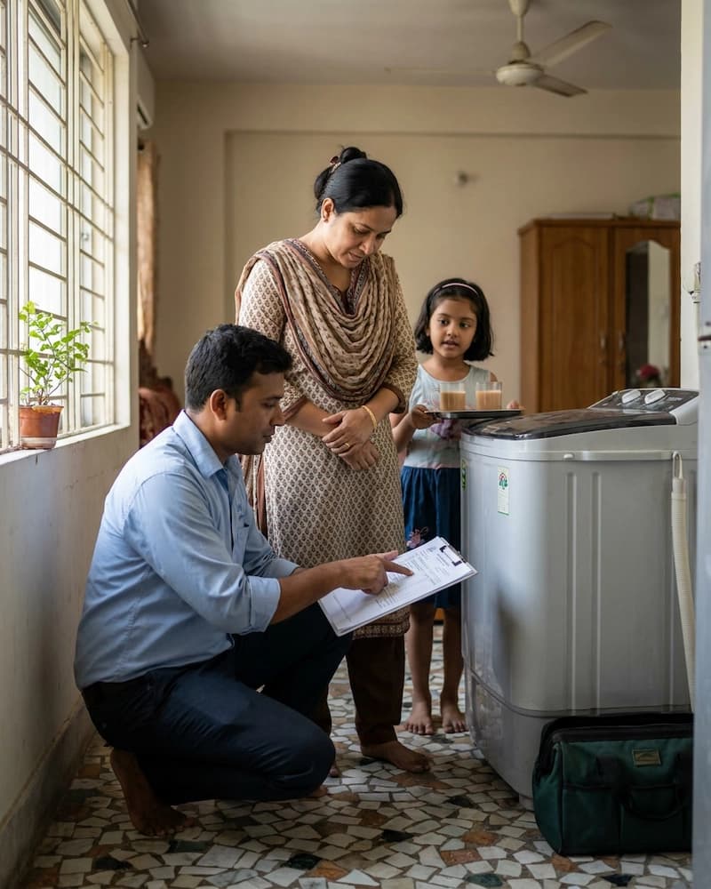 A Bangladeshi electrician explaining work to a homeowner in a Dhaka apartment